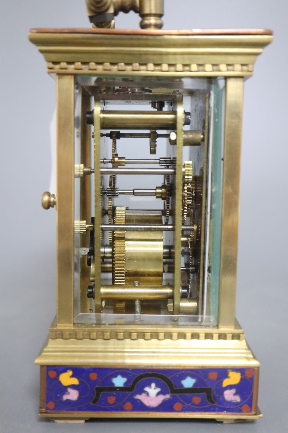 A Chinese cloisonne and brass calendar carriage clock, height 17.5cm
